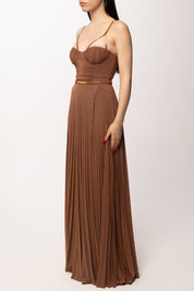 Elisabetta Franchi Abito Red Carpet In Jersey Lamé con Bustier e Spalline Gioiello ABR1661E2 CUOIO