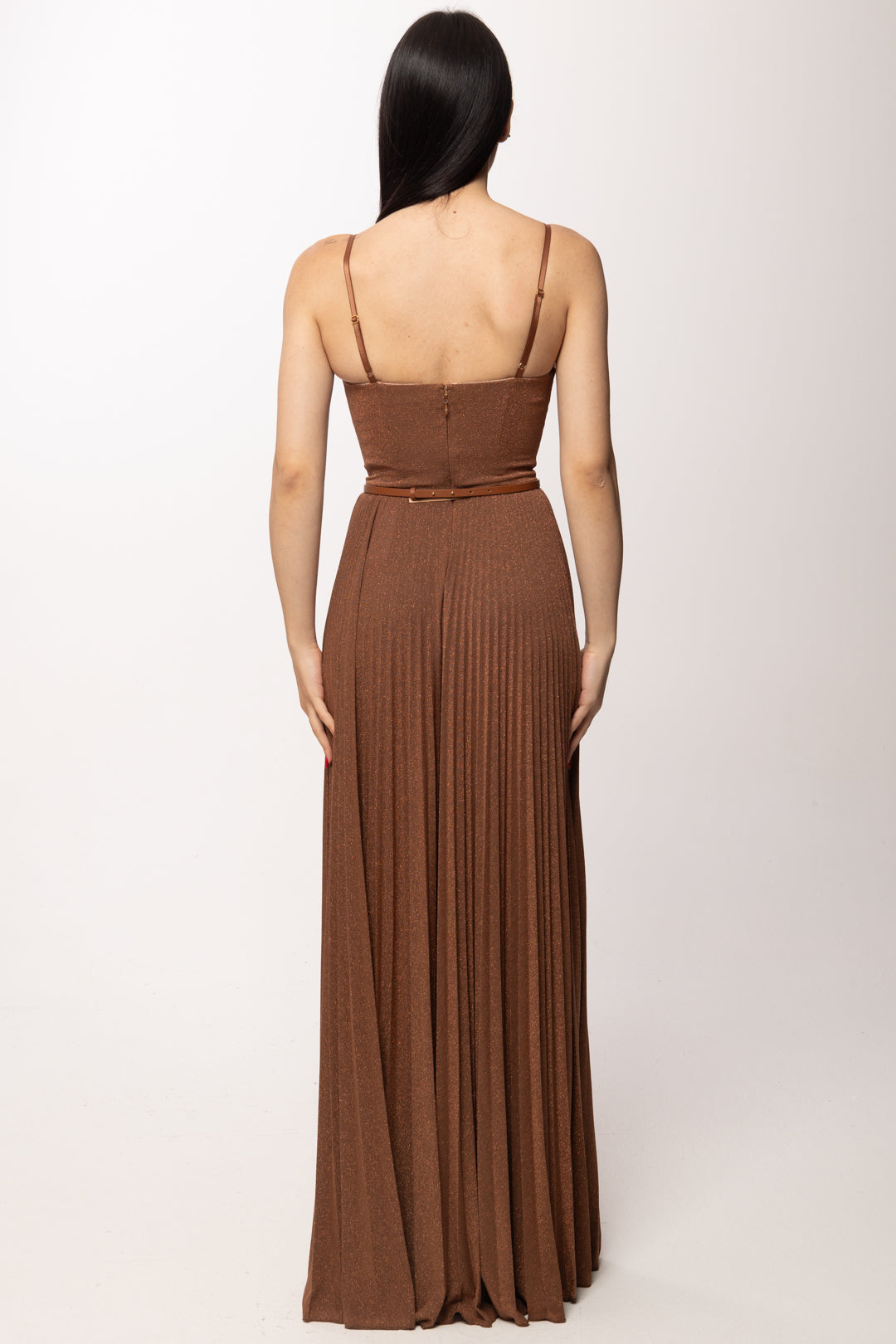 Elisabetta Franchi Abito Red Carpet In Jersey Lamé con Bustier e Spalline Gioiello ABR1661E2 CUOIO