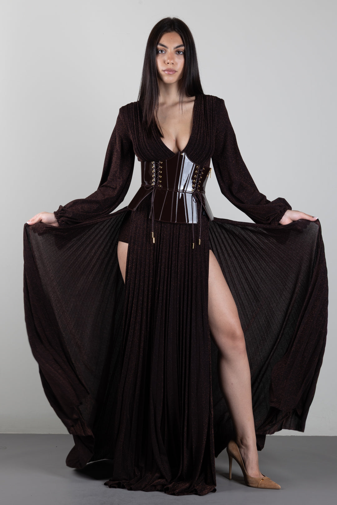 Elisabetta Franchi Abito Red Carpet In Jersey Lamé con Cintura Bustier ABR1566E2 DARK CHOCOLATE