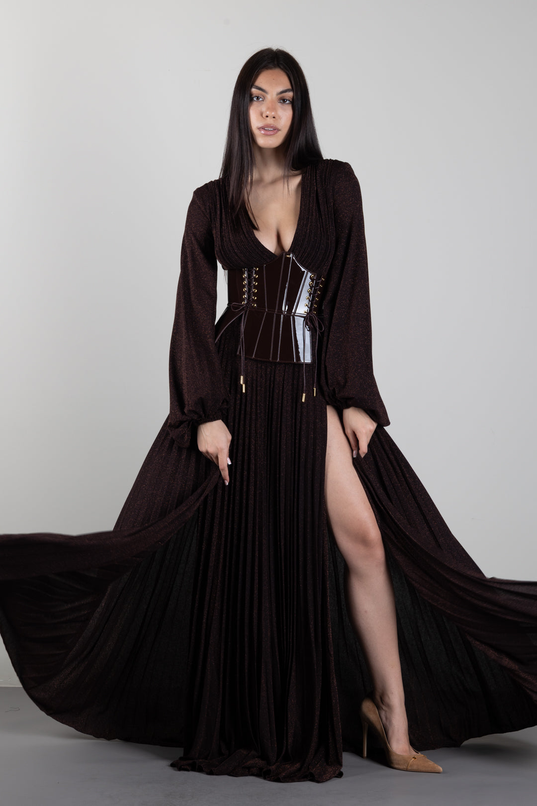 Elisabetta Franchi Abito Red Carpet In Jersey Lamé con Cintura Bustier ABR1566E2 DARK CHOCOLATE