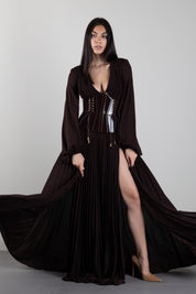 Elisabetta Franchi Abito Red Carpet In Jersey Lamé con Cintura Bustier ABR1566E2 DARK CHOCOLATE