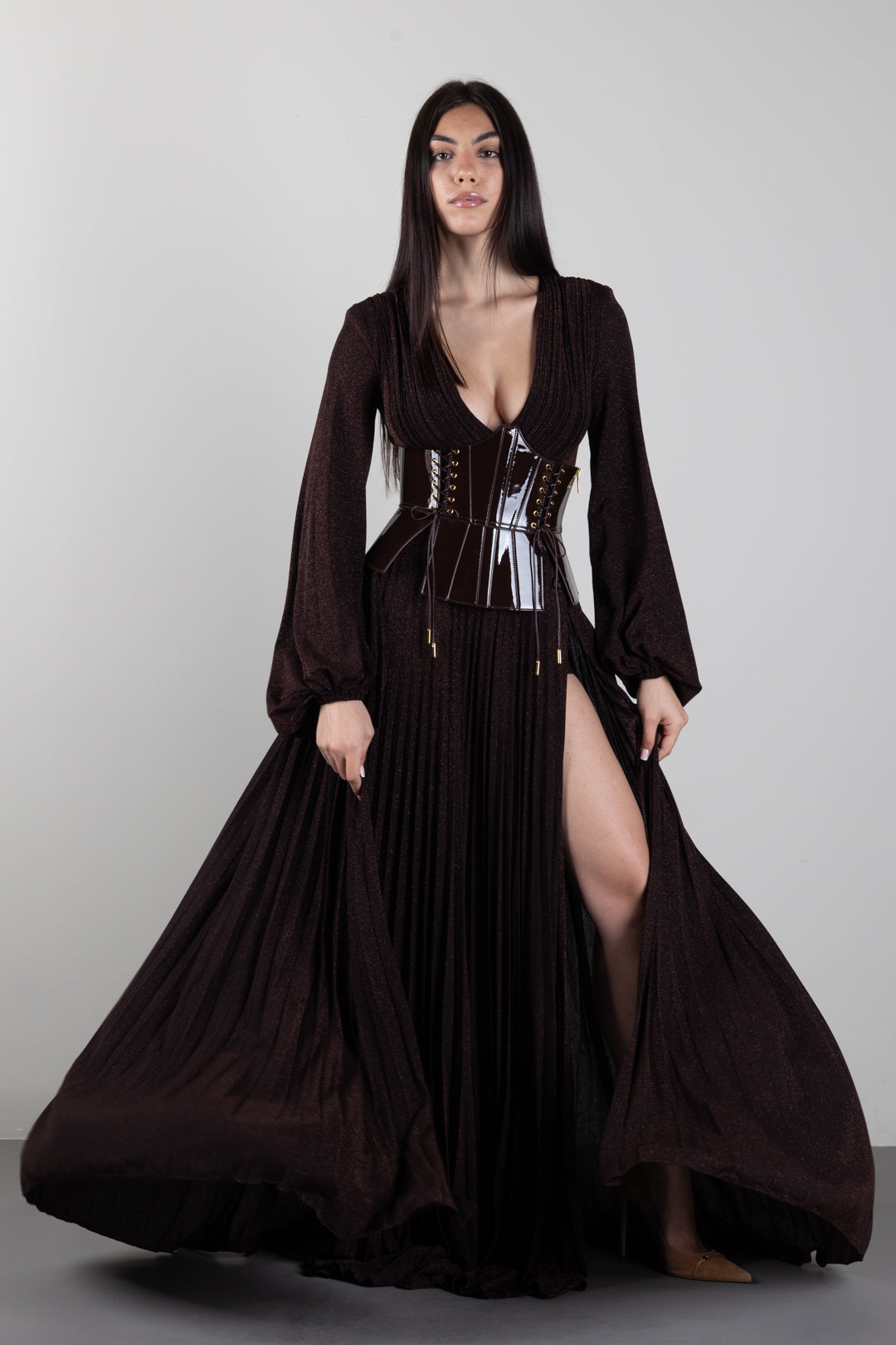 Elisabetta Franchi Abito Red Carpet In Jersey Lamé con Cintura Bustier ABR1566E2 DARK CHOCOLATE