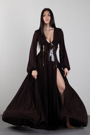 Elisabetta Franchi Abito Red Carpet In Jersey Lamé con Cintura Bustier ABR1566E2 DARK CHOCOLATE