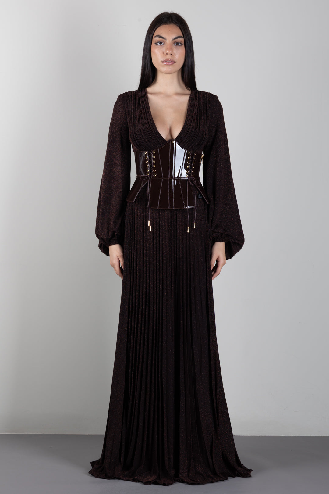 Elisabetta Franchi Abito Red Carpet In Jersey Lamé con Cintura Bustier ABR1566E2 DARK CHOCOLATE