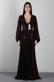 Elisabetta Franchi Abito Red Carpet In Jersey Lamé con Cintura Bustier ABR1566E2 DARK CHOCOLATE