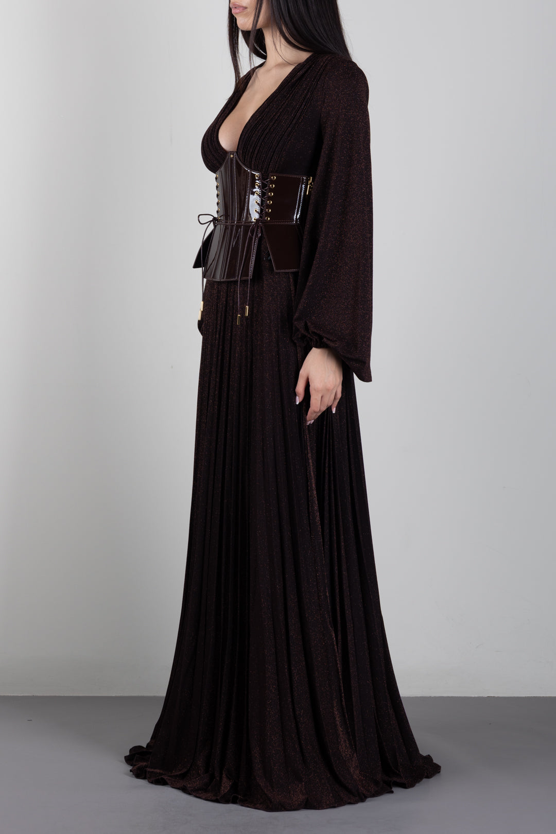 Elisabetta Franchi Abito Red Carpet In Jersey Lamé con Cintura Bustier ABR1566E2 DARK CHOCOLATE