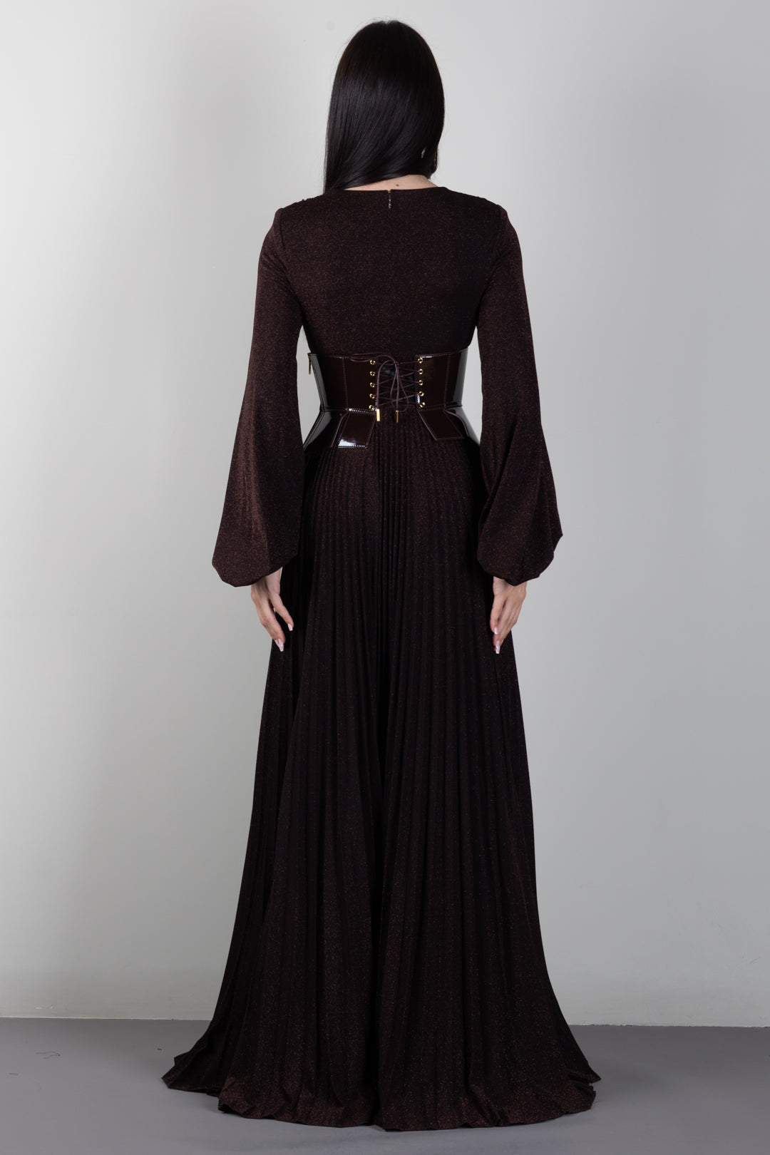 Elisabetta Franchi Abito Red Carpet In Jersey Lamé con Cintura Bustier ABR1566E2 DARK CHOCOLATE