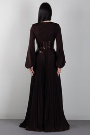 Elisabetta Franchi Abito Red Carpet In Jersey Lamé con Cintura Bustier ABR1566E2 DARK CHOCOLATE
