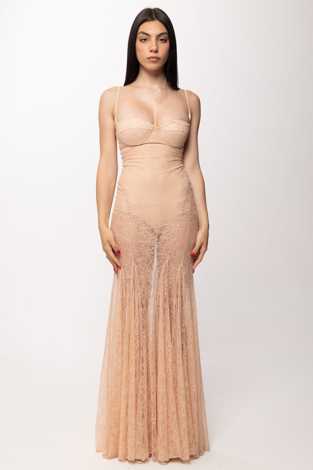 Elisabetta Franchi Abito Red Carpet In Pizzo a Sirena ABR0862E2 NUDE