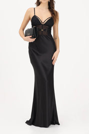 Elisabetta Franchi Abito Red Carpet In Raso con Elastici e Tulle ABR5362E2 NERO