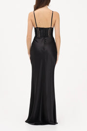 Elisabetta Franchi Abito Red Carpet In Raso con Elastici e Tulle ABR5362E2 NERO