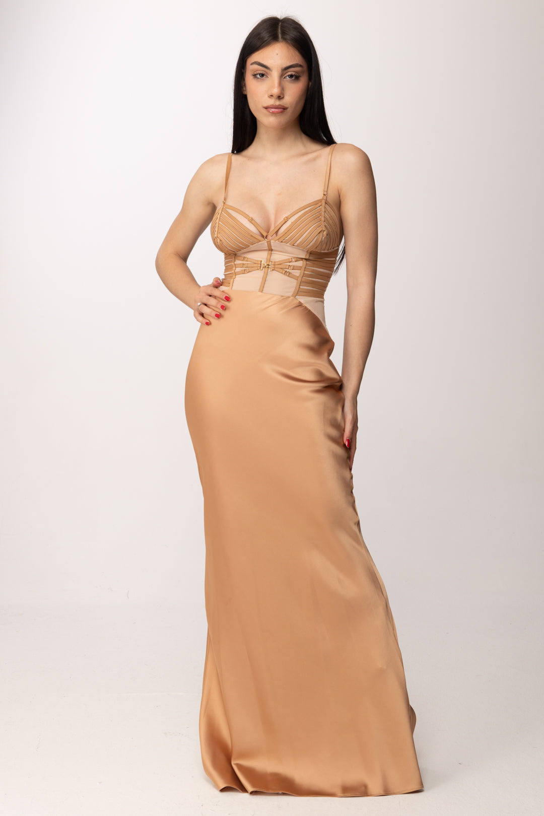 Elisabetta Franchi Abito Red Carpet In Raso con Elastici e Tulle ABR5362E2 SUEDE