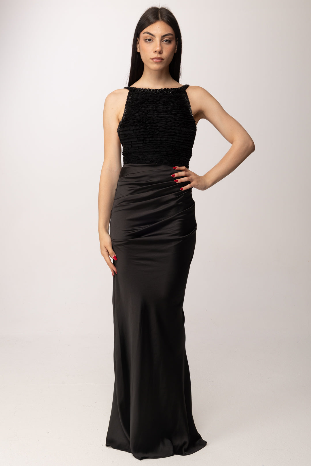 Elisabetta Franchi Abito Red Carpet In Raso e Tulle con Ricamo ABR1762E2 NERO