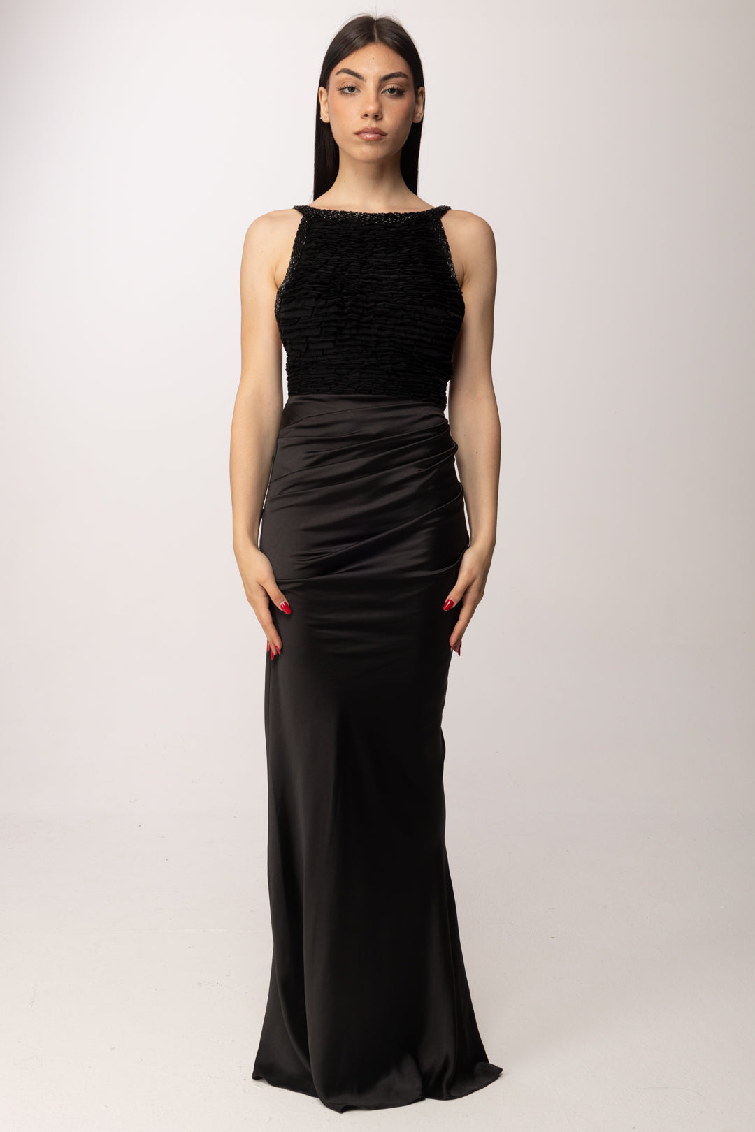 Elisabetta Franchi Abito Red Carpet In Raso e Tulle con Ricamo ABR1762E2 NERO