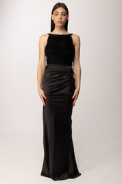 Elisabetta Franchi Abito Red Carpet In Raso e Tulle con Ricamo ABR1762E2 NERO
