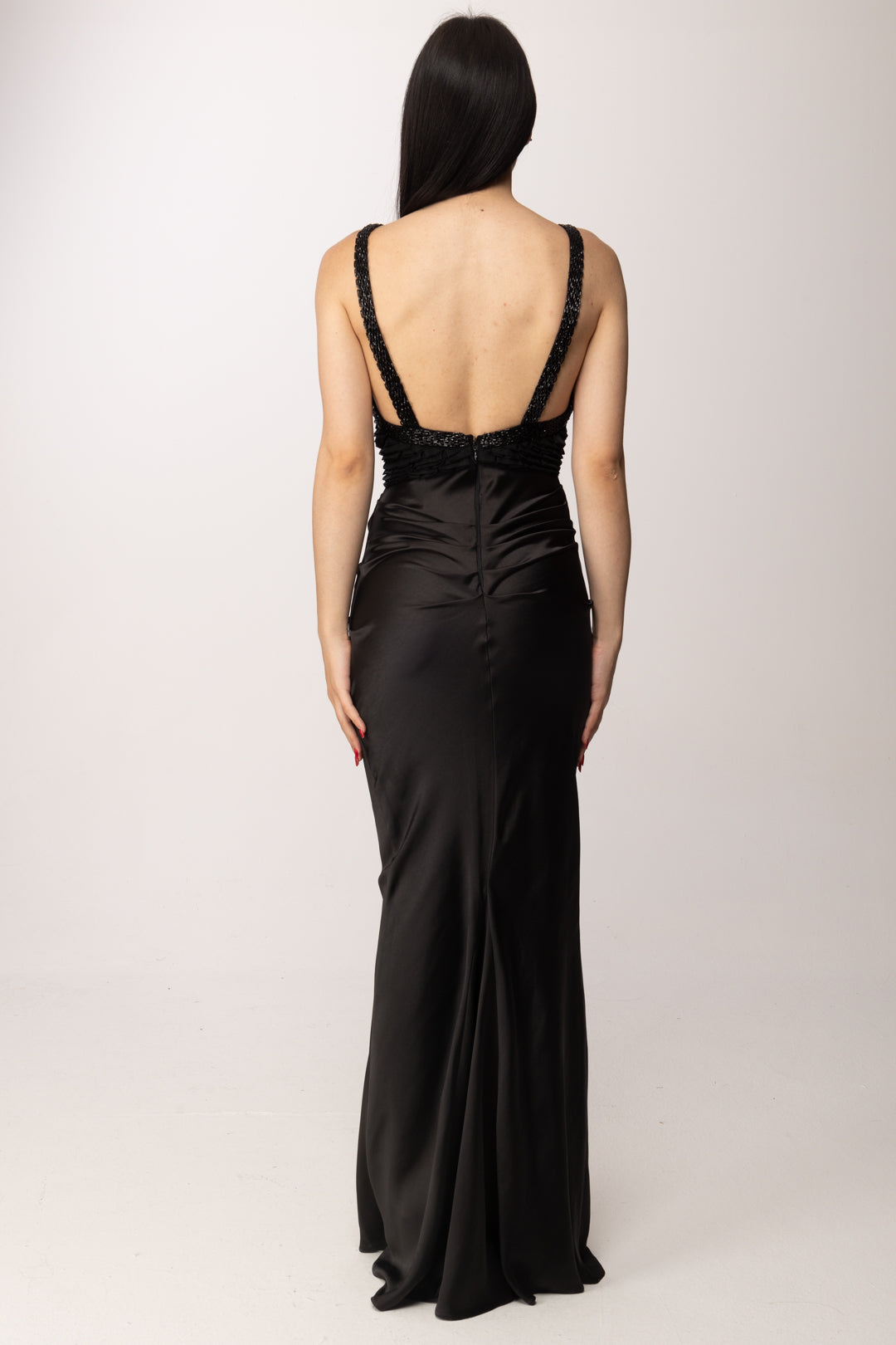 Elisabetta Franchi Abito Red Carpet In Raso e Tulle con Ricamo ABR1762E2 NERO