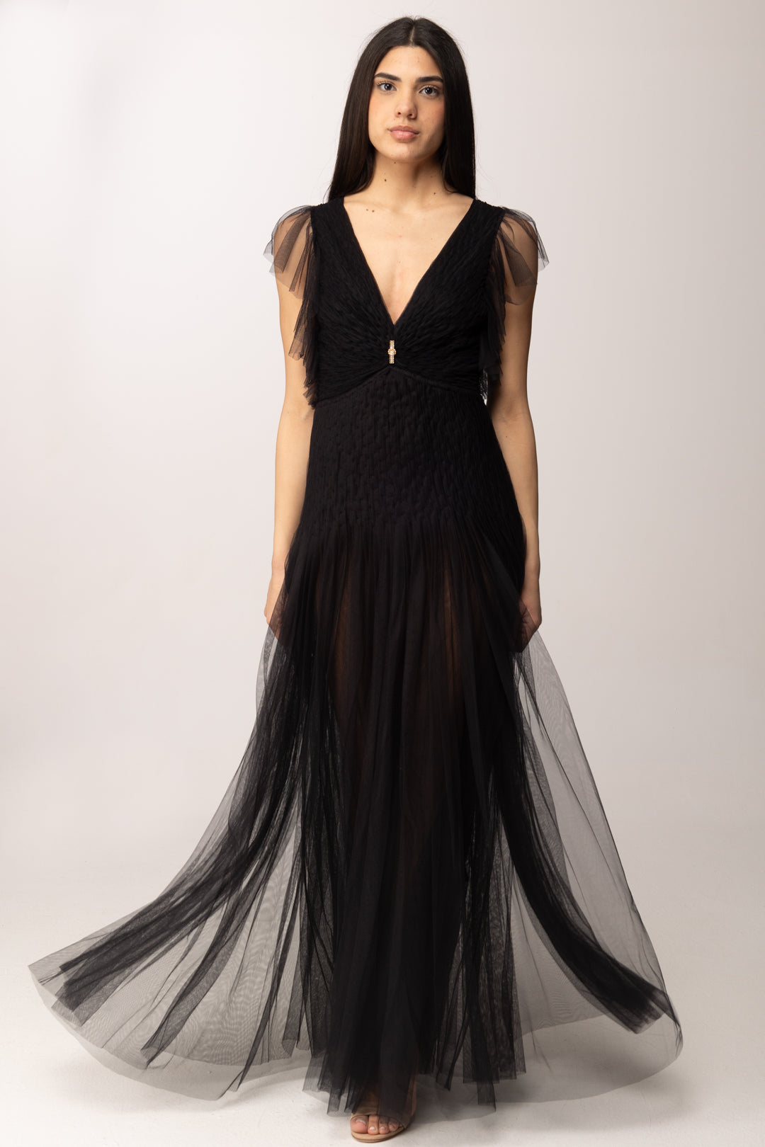 Elisabetta Franchi Abito Red Carpet In Tulle con Ruches e Gioiello AR80J62E2 NERO