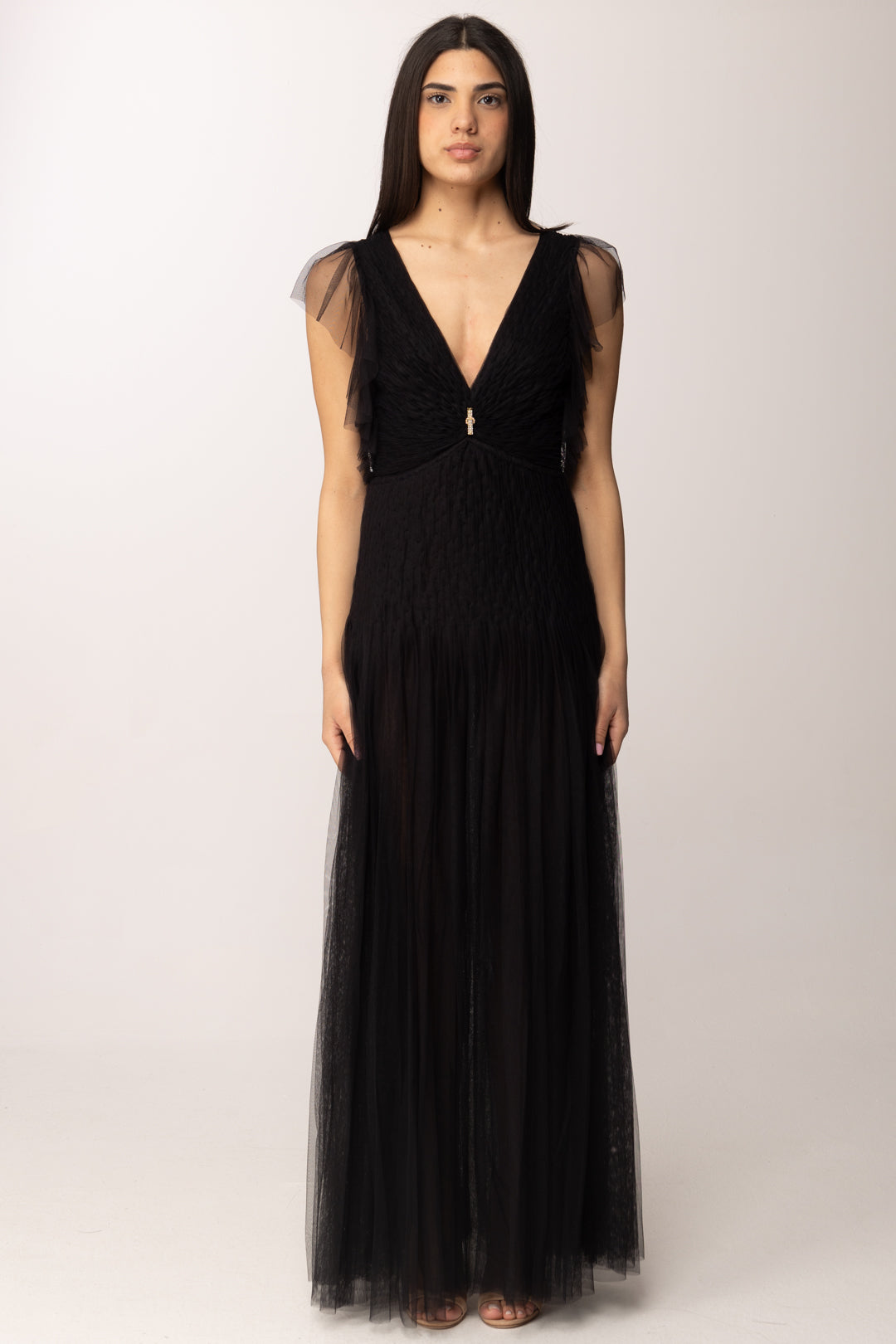 Elisabetta Franchi Abito Red Carpet In Tulle con Ruches e Gioiello AR80J62E2 NERO