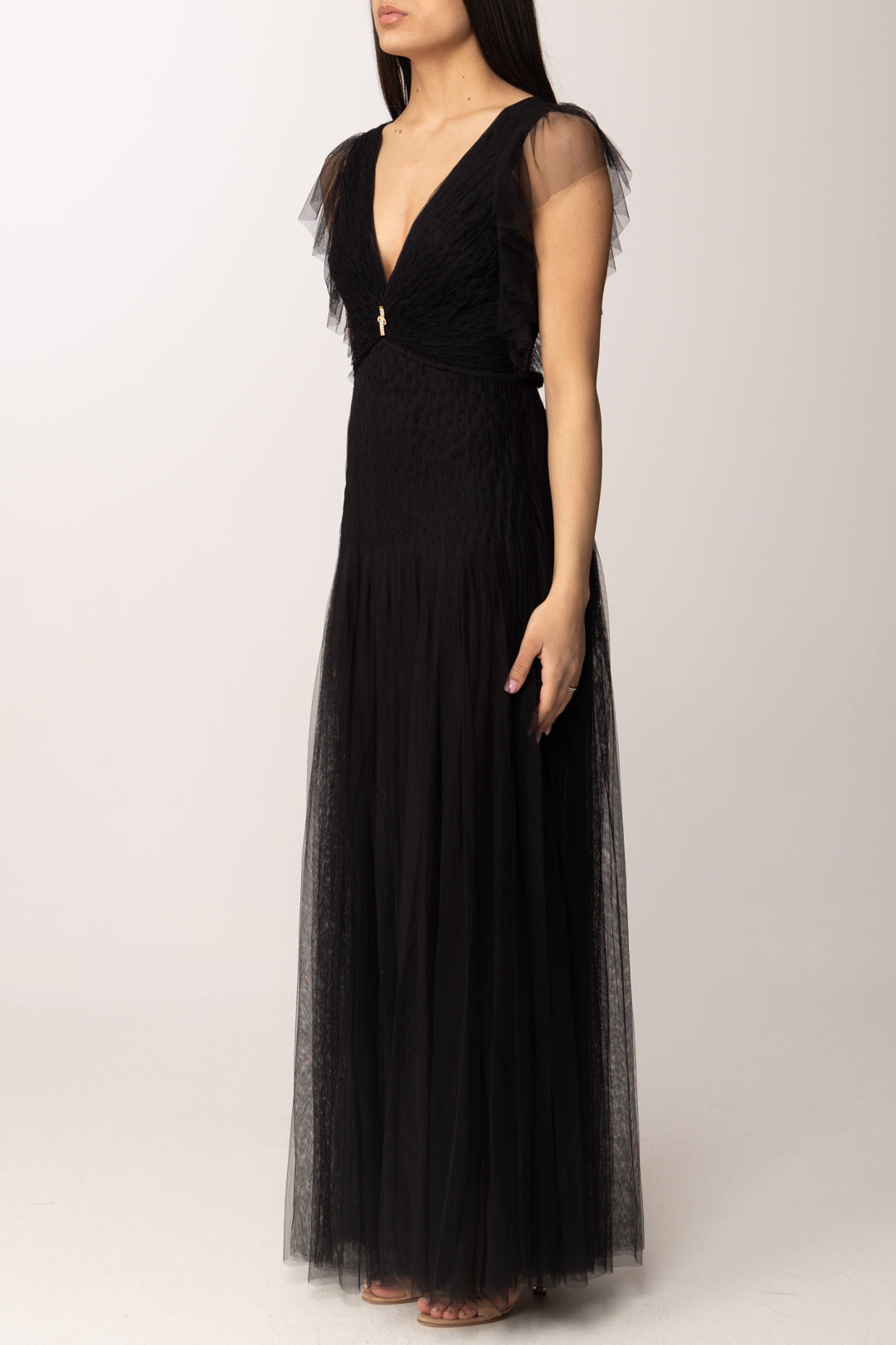 Elisabetta Franchi Abito Red Carpet In Tulle con Ruches e Gioiello AR80J62E2 NERO