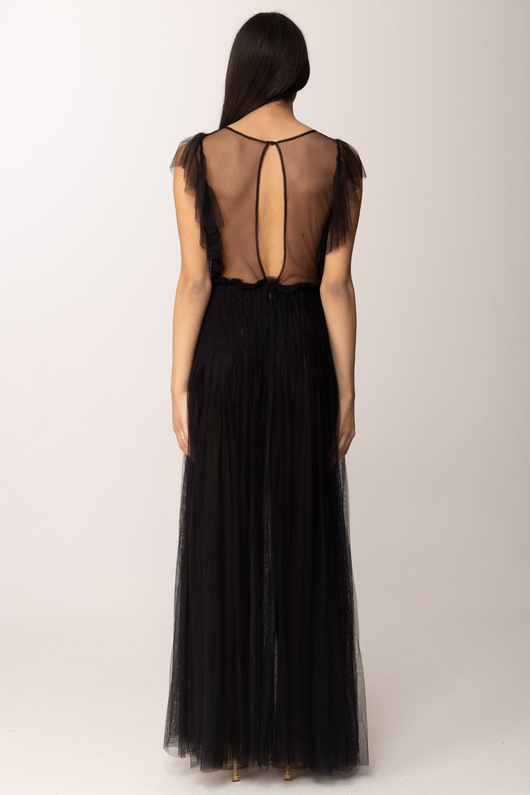 Elisabetta Franchi Abito Red Carpet In Tulle con Ruches e Gioiello AR80J62E2 NERO