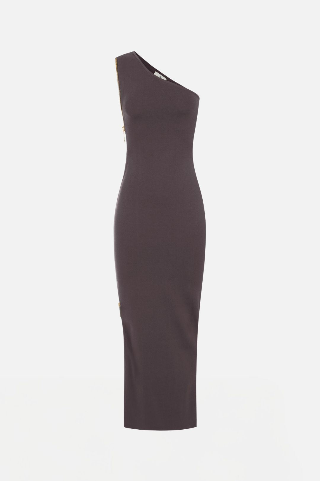 Elisabetta Franchi Abito Red Carpet Monospalla In Maglia con Zip AM07B66E2 DARK CHOCOLATE