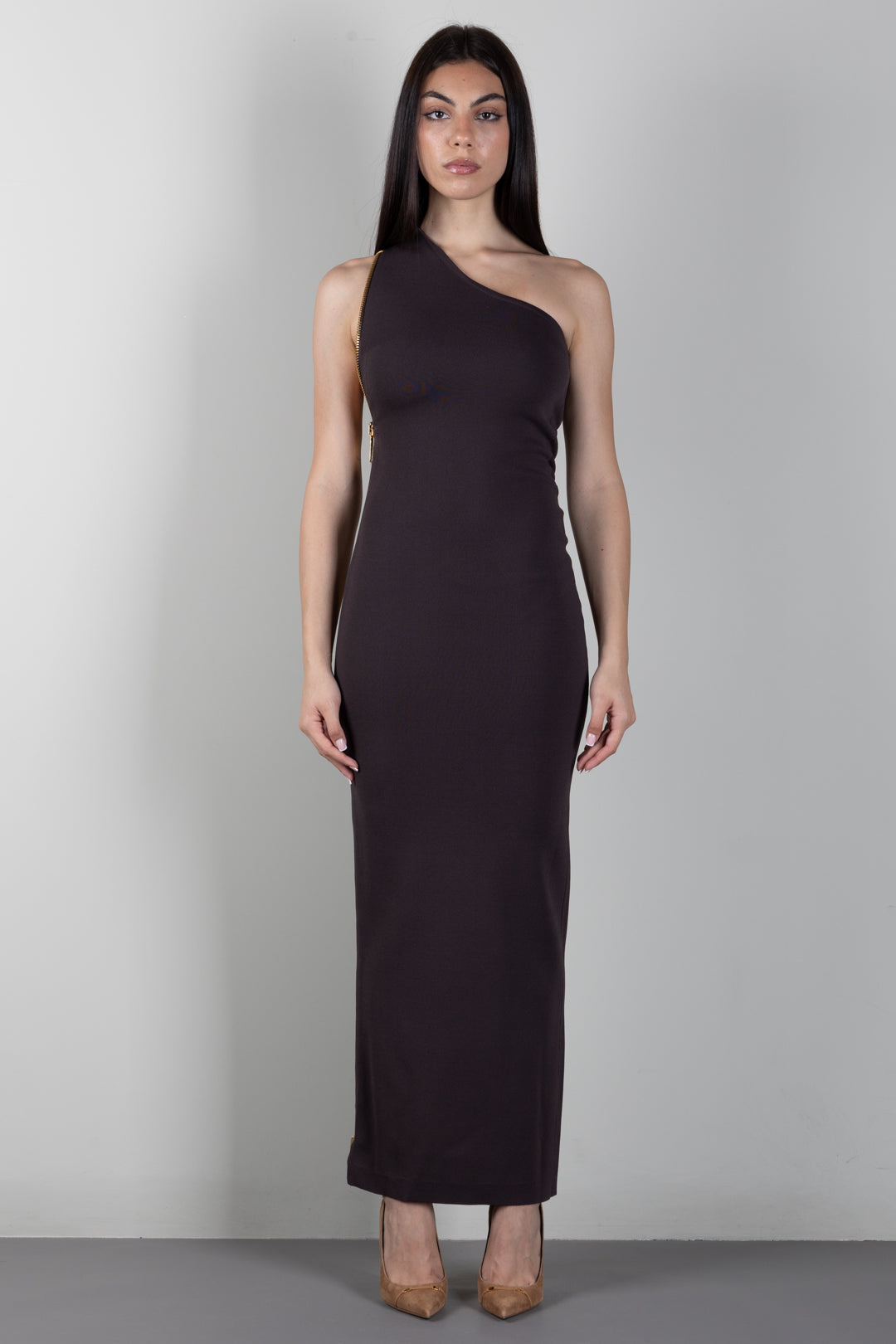 Elisabetta Franchi Abito Red Carpet Monospalla In Maglia con Zip AM07B66E2 DARK CHOCOLATE