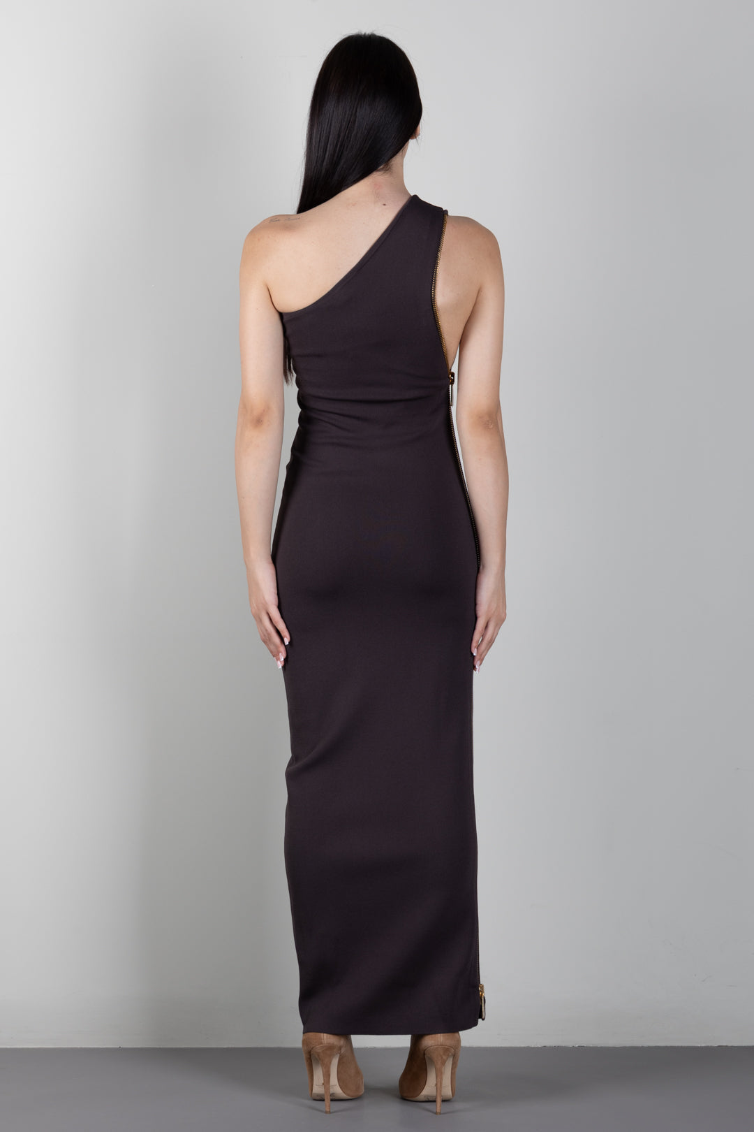 Elisabetta Franchi Abito Red Carpet Monospalla In Maglia con Zip AM07B66E2 DARK CHOCOLATE