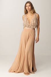 Elisabetta Franchi Abito Red Carpet Top In Tulle e Gonna Plissé ABR1957E2 NUDE