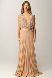 Elisabetta Franchi Abito Red Carpet Top In Tulle e Gonna Plissé ABR1957E2 NUDE