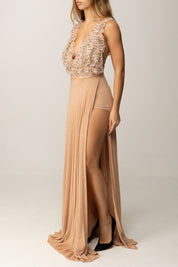 Elisabetta Franchi Abito Red Carpet Top In Tulle e Gonna Plissé ABR1957E2 NUDE