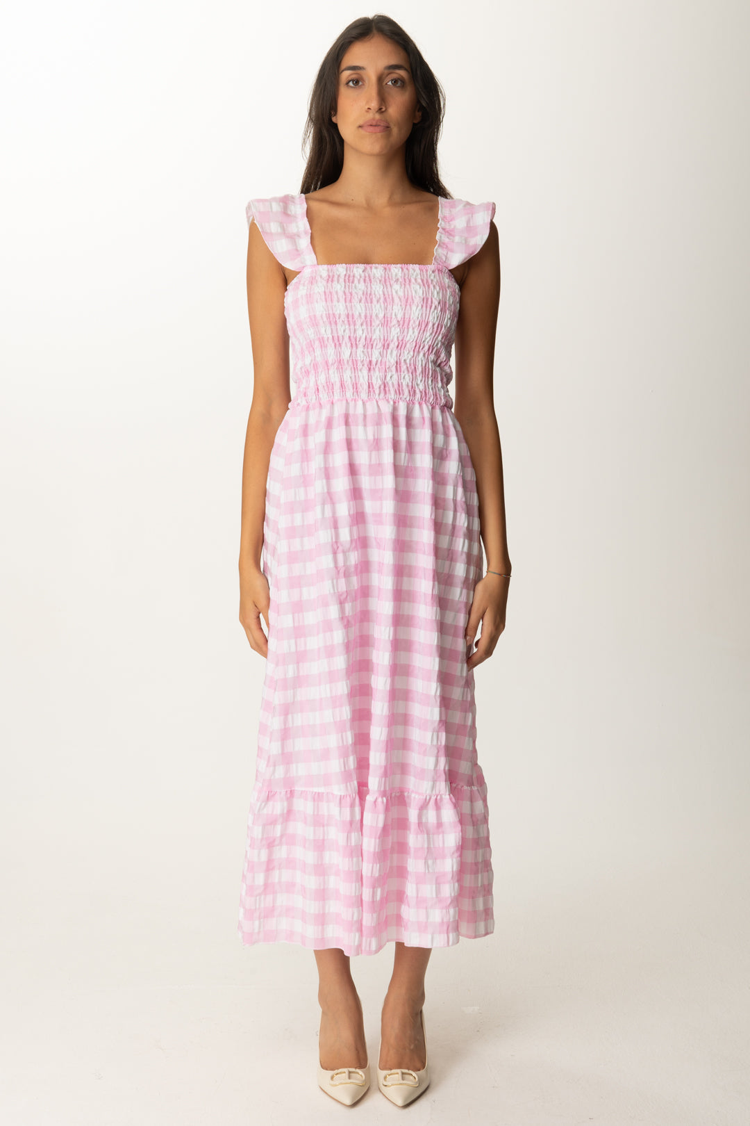 Khloe Femme Abito Stampa Righe con Balza ROSA