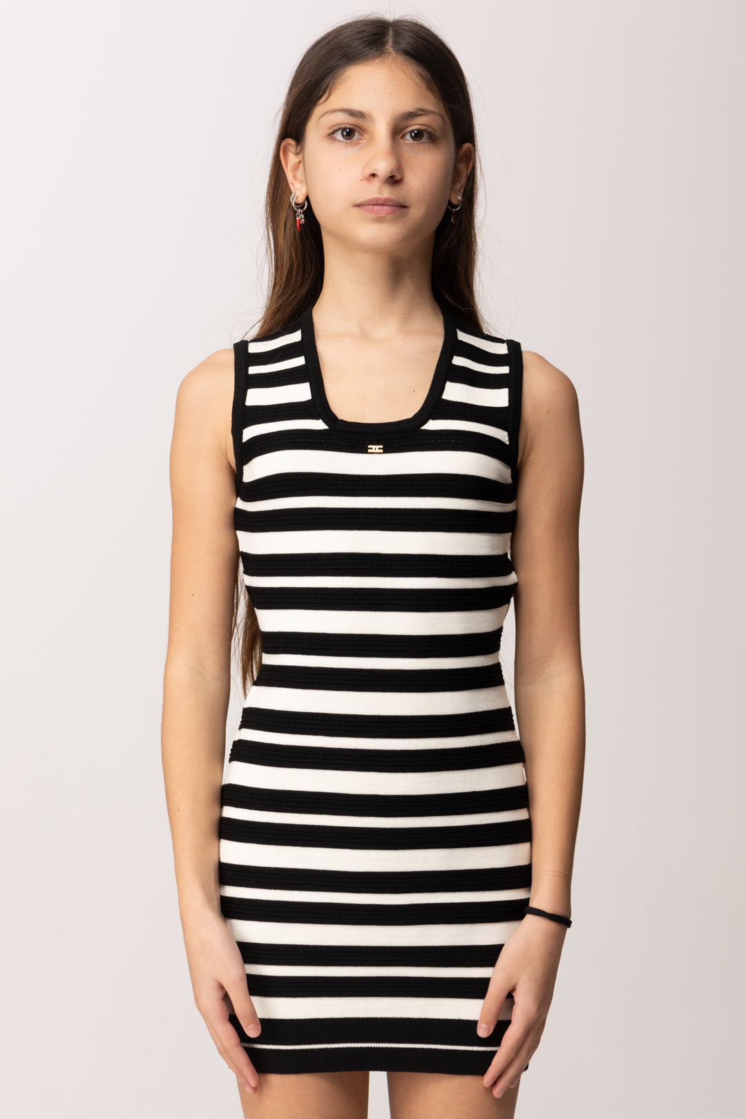 Elisabetta Franchi Bambina Abito Tricot In Maglia a Righe Smanicato con Logo EFAB651CFL060.D542