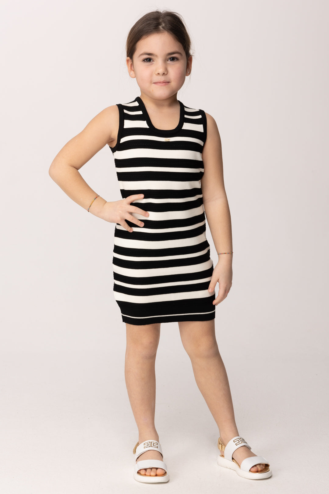 Elisabetta Franchi Bambina Abito Tricot In Maglia a Righe Smanicato con Logo EFAB651CFL060.D542