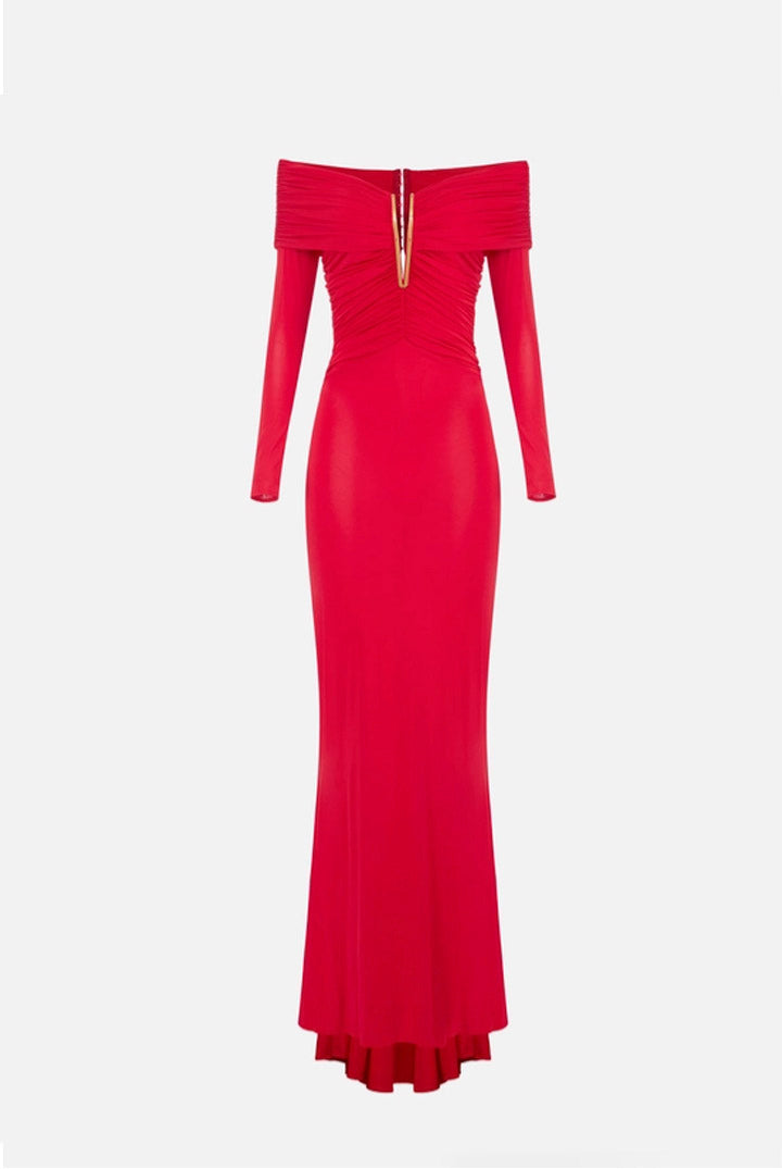 Elisabetta Franchi Abitot In Jersey Crêpe con Scollo Off-shoulder Dettaglio Gioiello ABR2667E2 RED PASSION