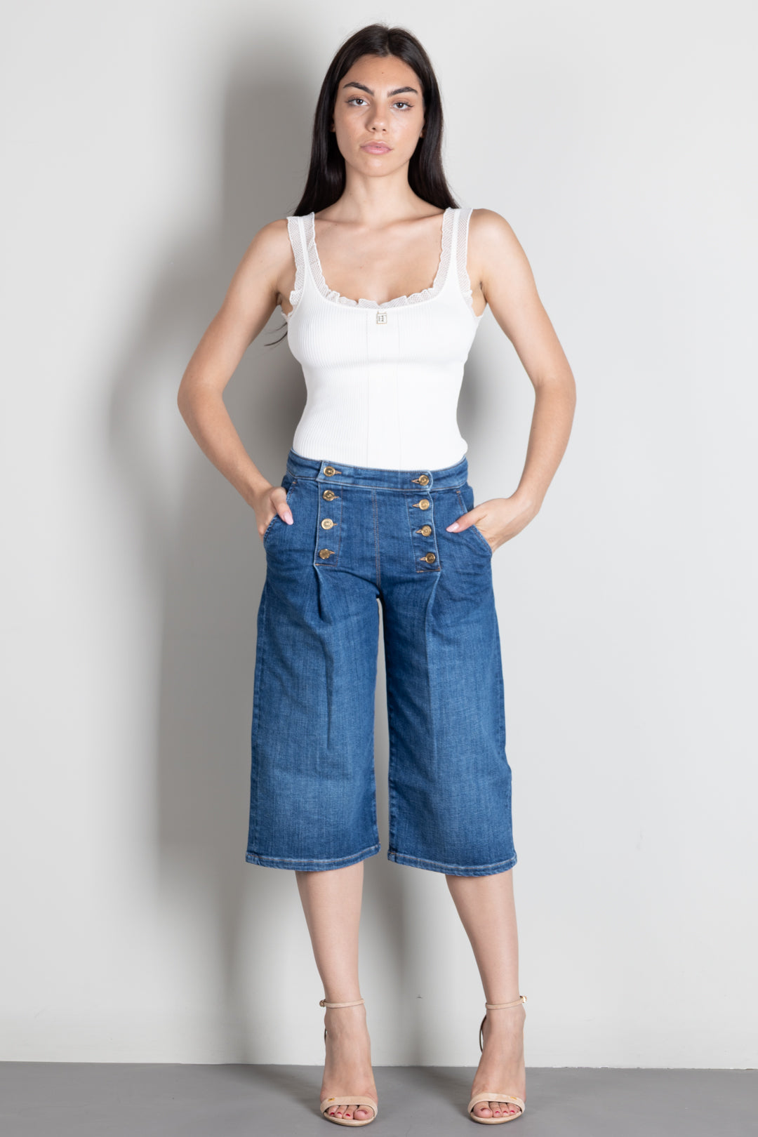 Elisabetta Franchi Bermuda In Denim con Bottoniera PJ19N66E2 BLUE VINTAGE