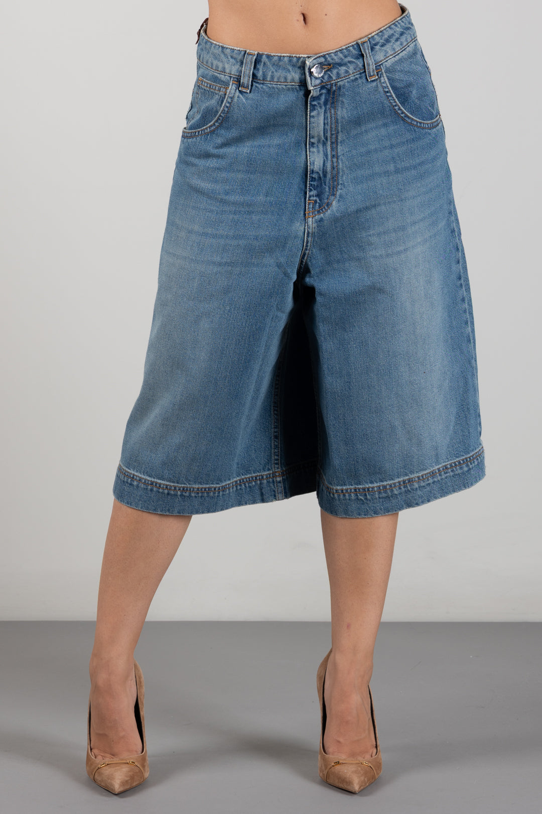 Manila Grace Bermuda In Denim Wide Leg J308CU SAND WASH :AI26