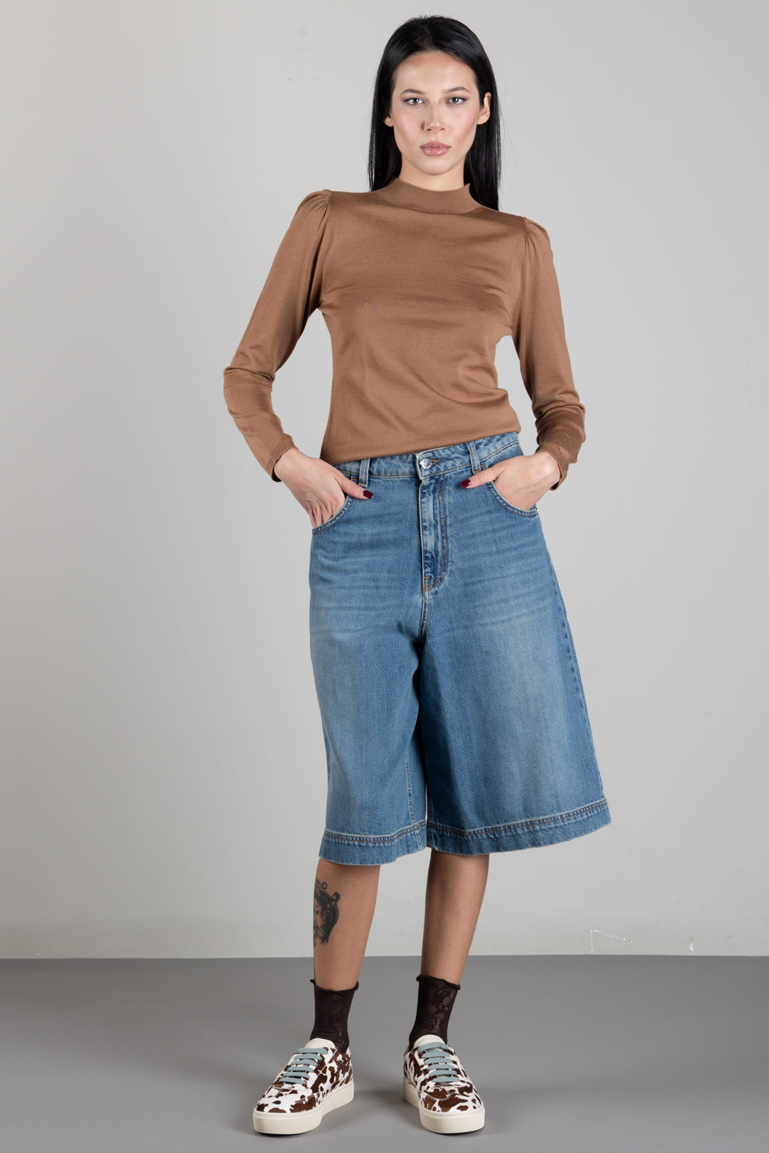 Manila Grace Bermuda In Denim Wide Leg J308CU SAND WASH :AI26