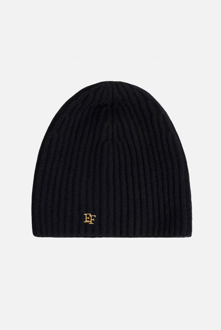 Elisabetta Franchi Berretto In Cashmere a Coste con Logo Dorato BE04C67E2 NERO