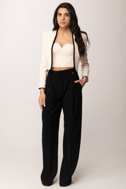 Elisabetta Franchi Blazer Cropped con Piping a Contrast GI21461E2 BURRO/NERO