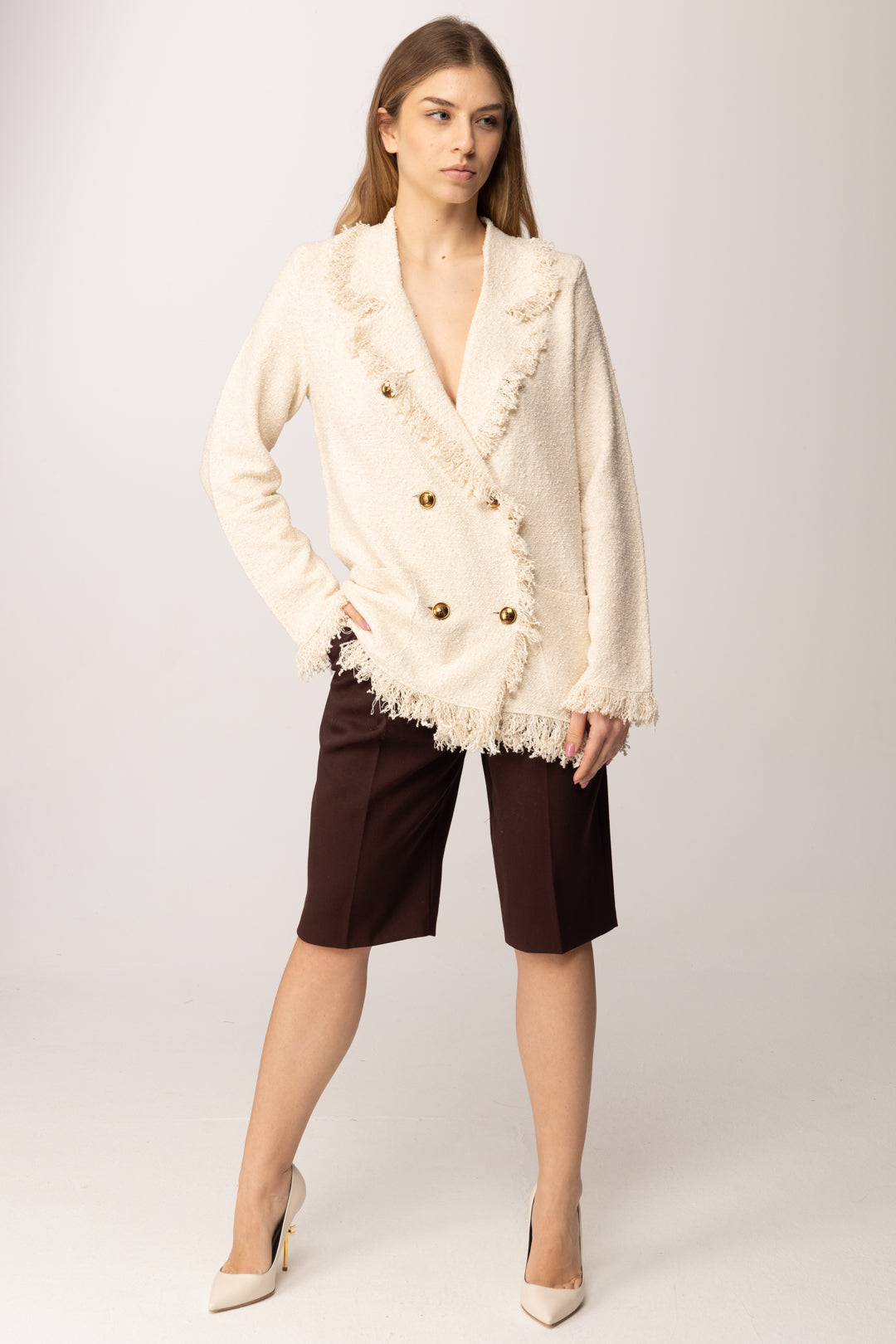 Elisabetta Franchi Blazer Doppiopetto con Frange MK11R62E2 BURRO