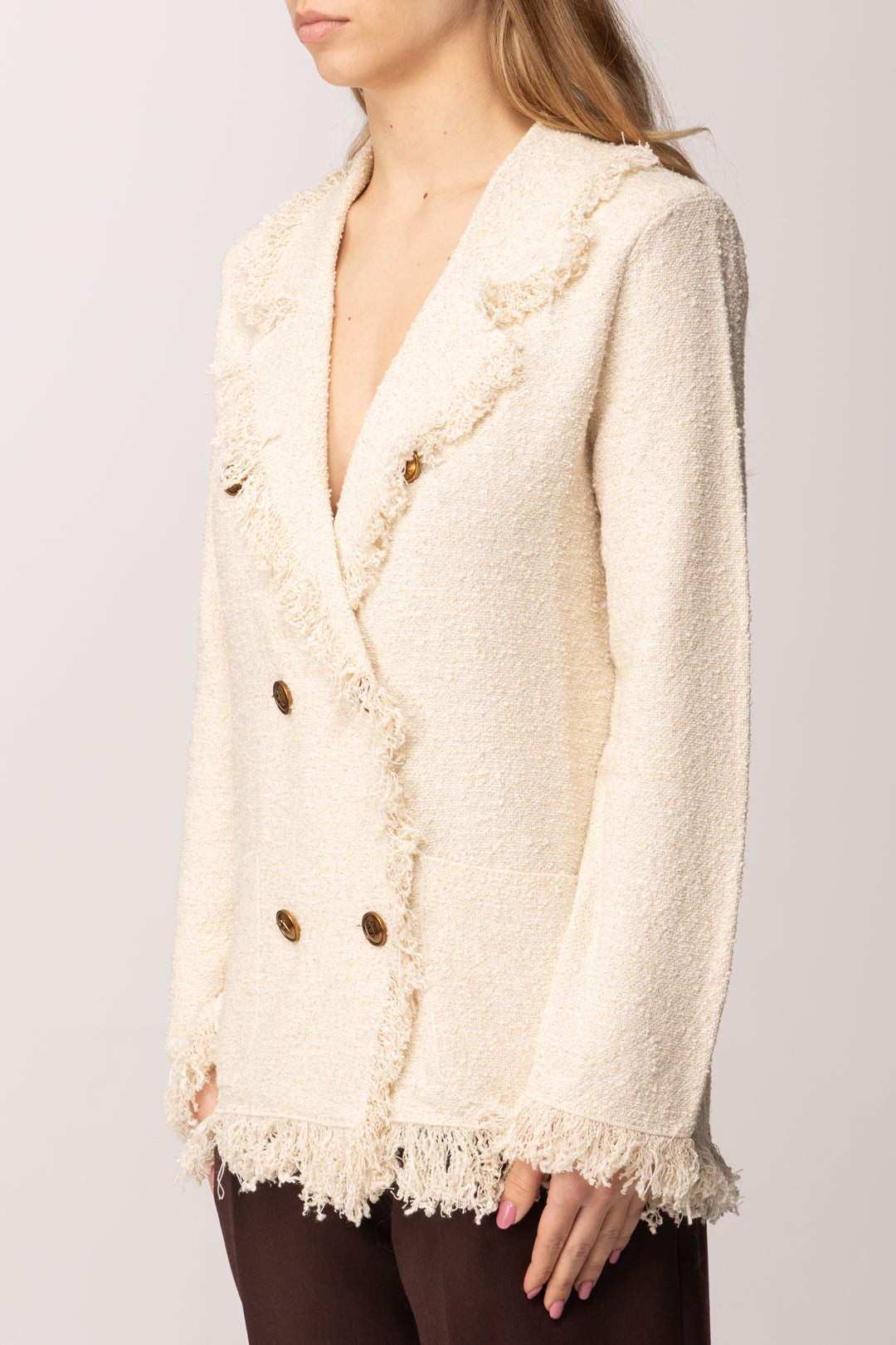 Elisabetta Franchi Blazer Doppiopetto con Frange MK11R62E2 BURRO