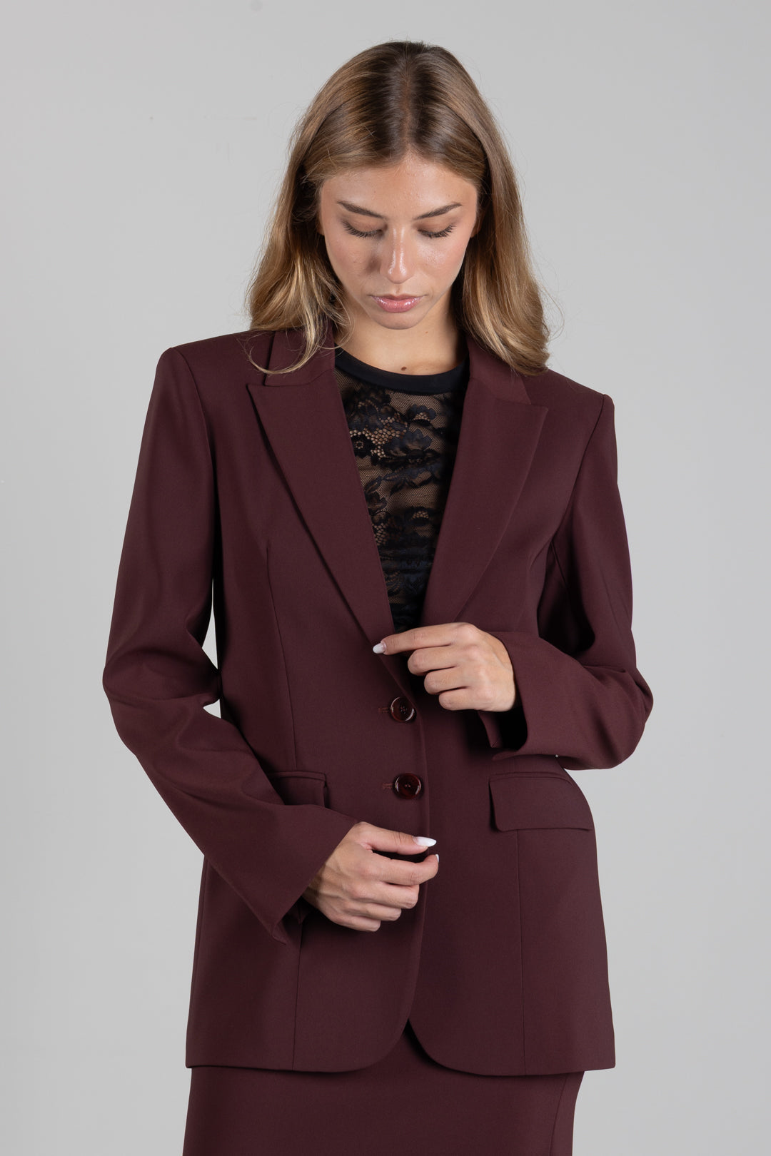 Patrizia Pepe Blazer Fluido Stretch a Due Bottoni 8S0096 A6F5 WOOD BROWN