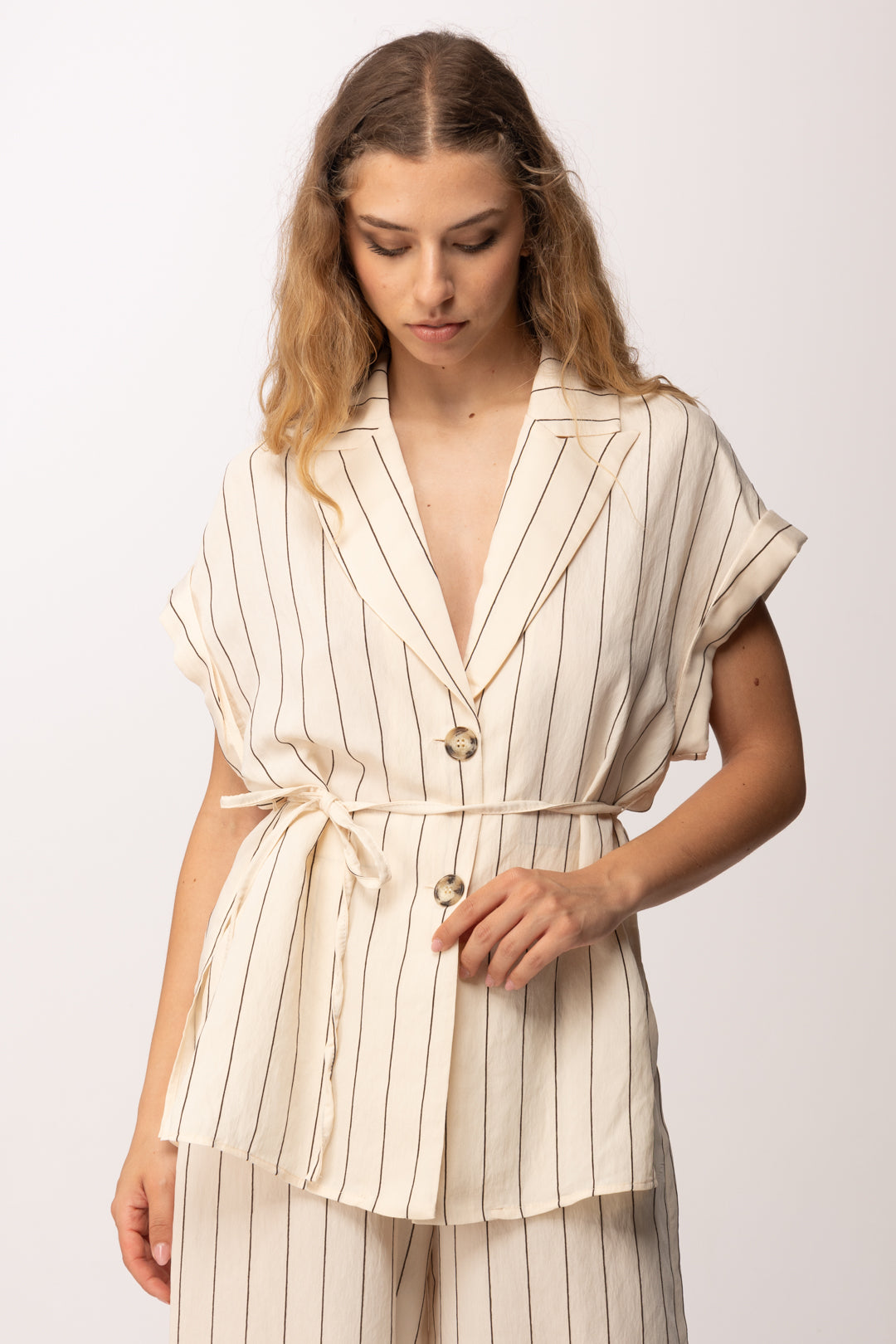 Imperial Blazer Smanicato Gessato con Cintura LD73LOV PANNA