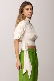 Elisabetta Franchi Blusa Crop In Georgette con Fusciacca CA15862E2 BURRO