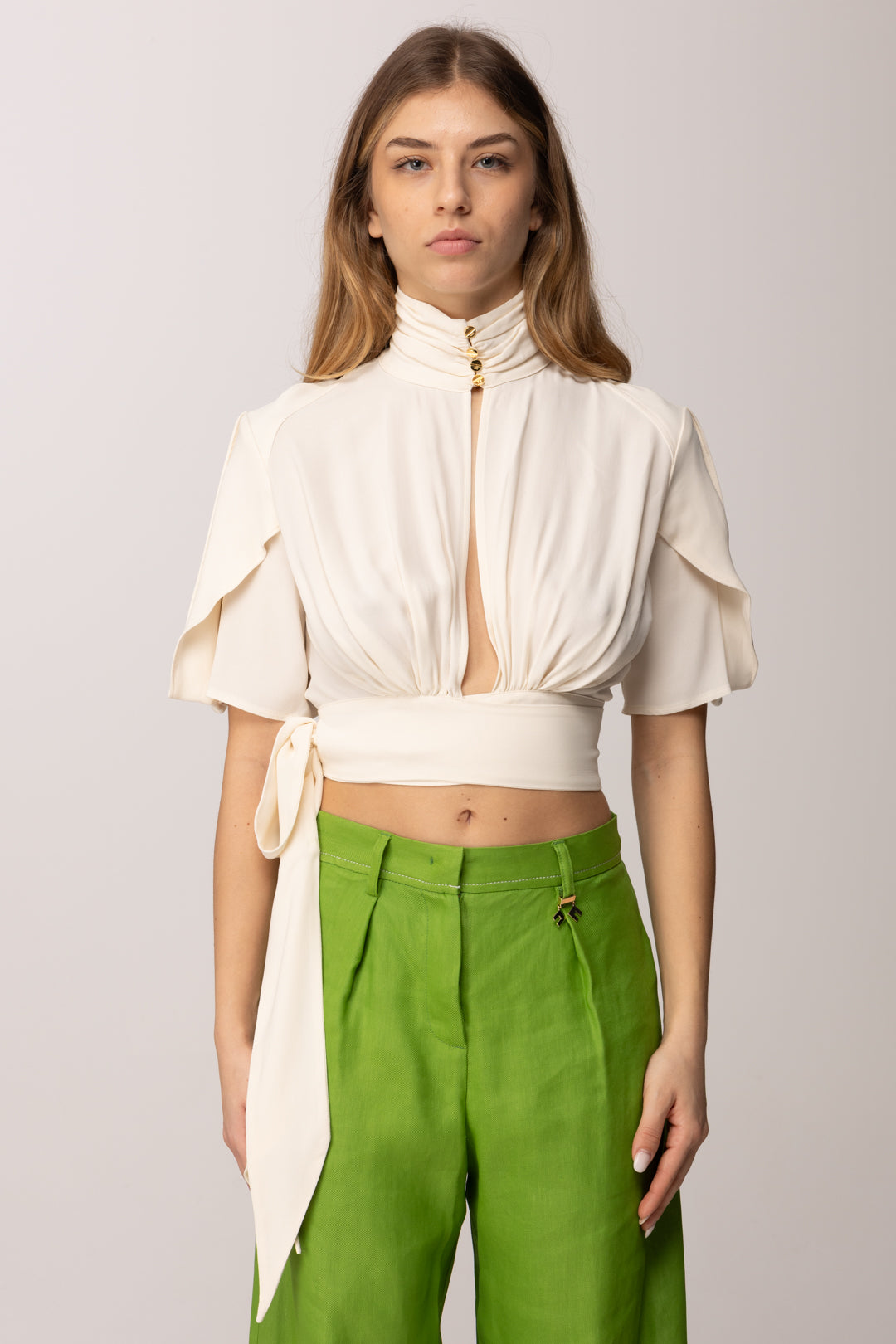 Elisabetta Franchi Blusa Crop In Georgette con Fusciacca CA15862E2 BURRO
