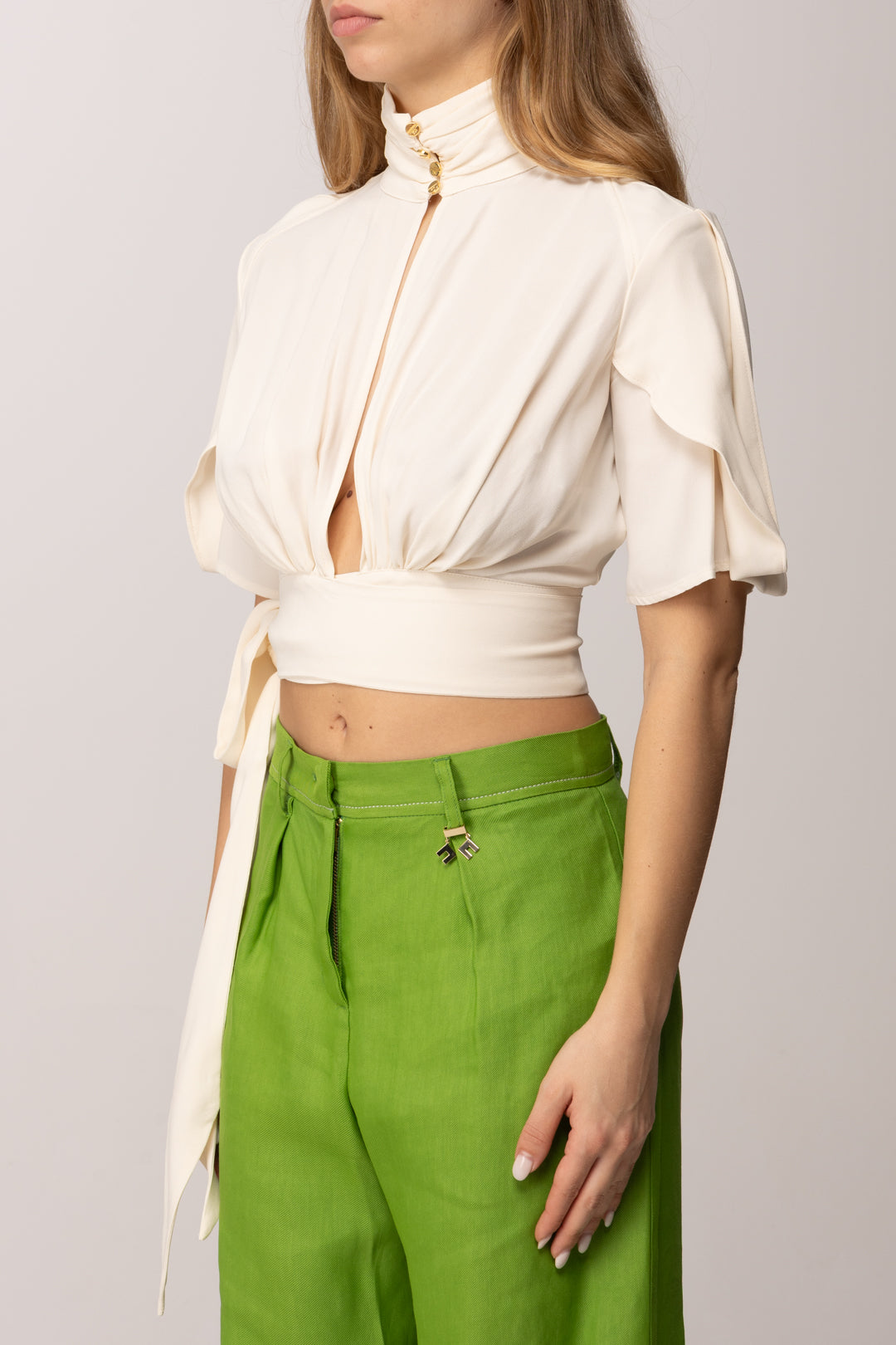 Elisabetta Franchi Blusa Crop In Georgette con Fusciacca CA15862E2 BURRO