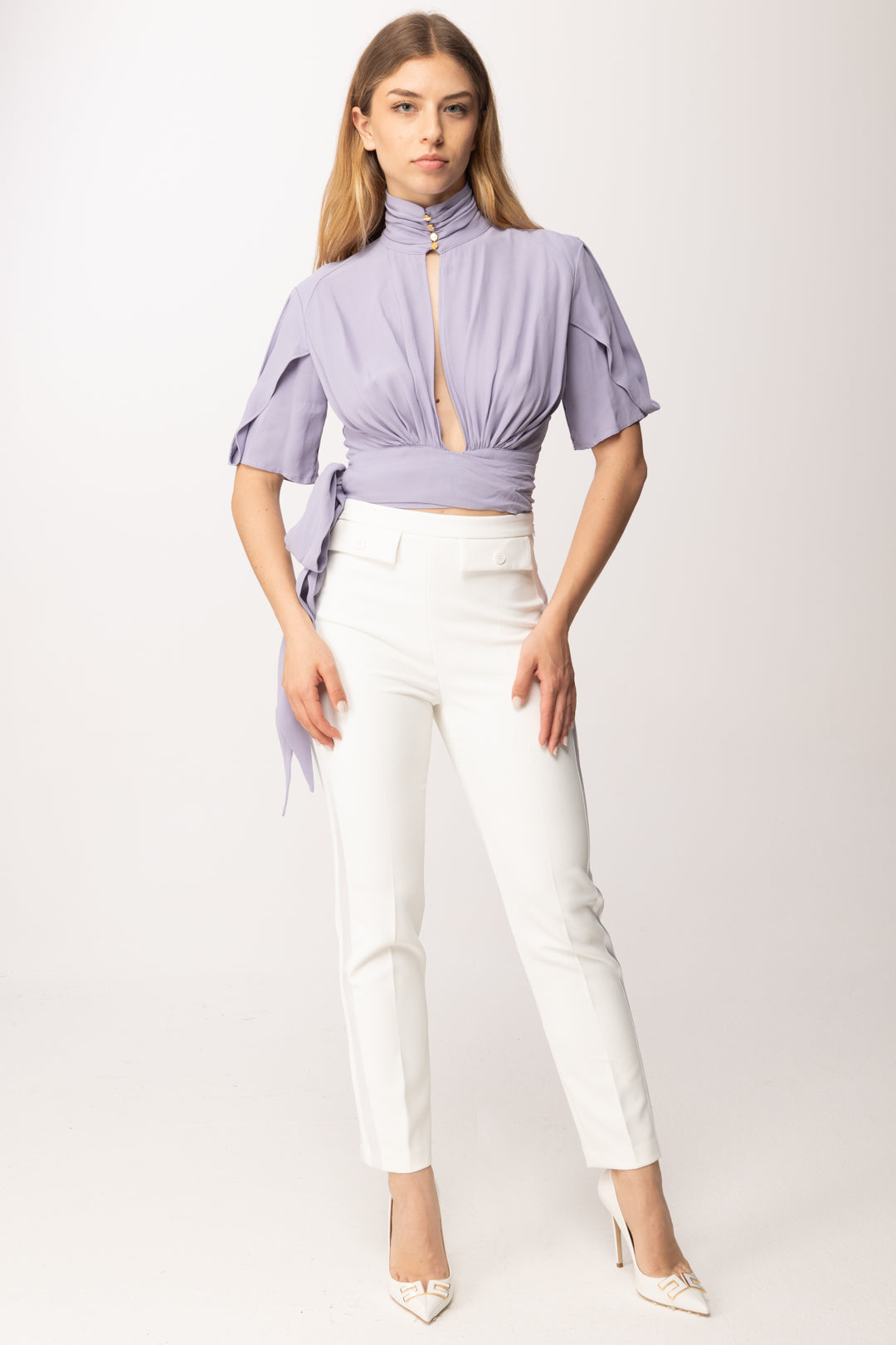 Elisabetta Franchi Blusa Crop In Georgette con Fusciacca CA15862E2 LILLA