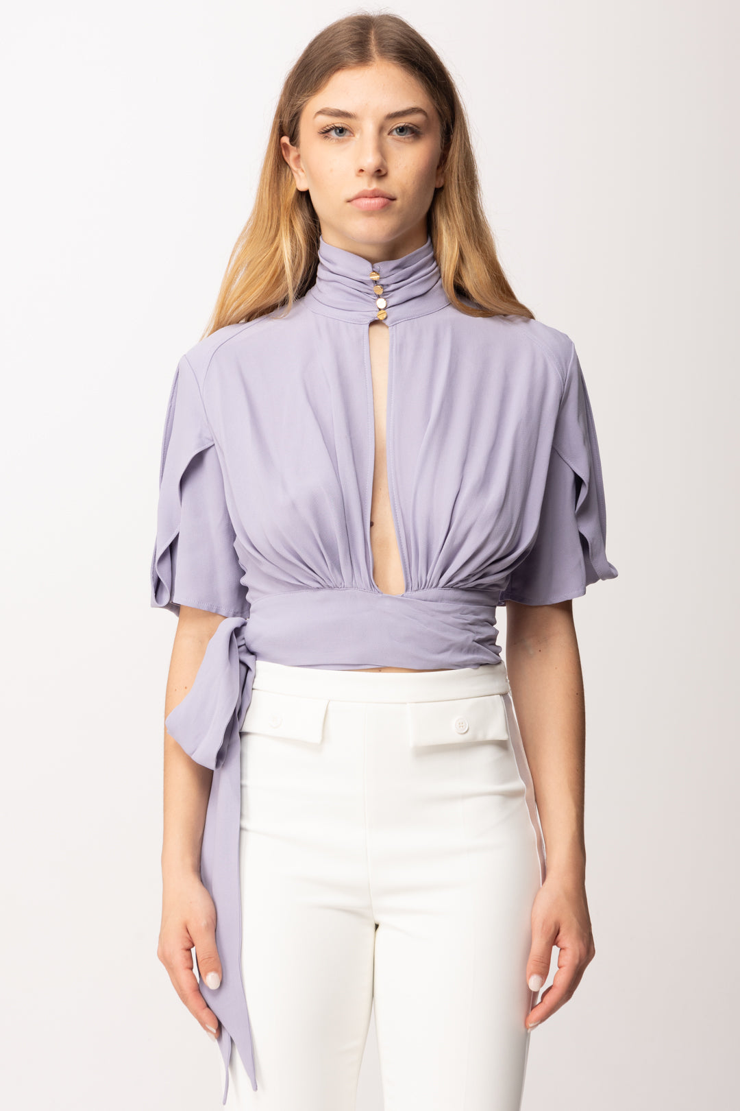 Elisabetta Franchi Blusa Crop In Georgette con Fusciacca CA15862E2 LILLA