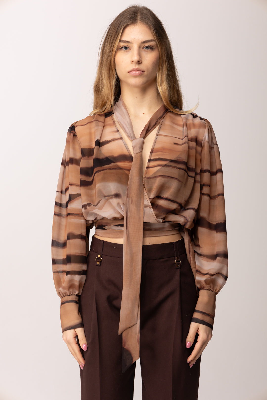 Elisabetta Franchi Blusa In Chiffon con Stampa Tigrata e Fusciacca CA16062E2 CAMMELLO