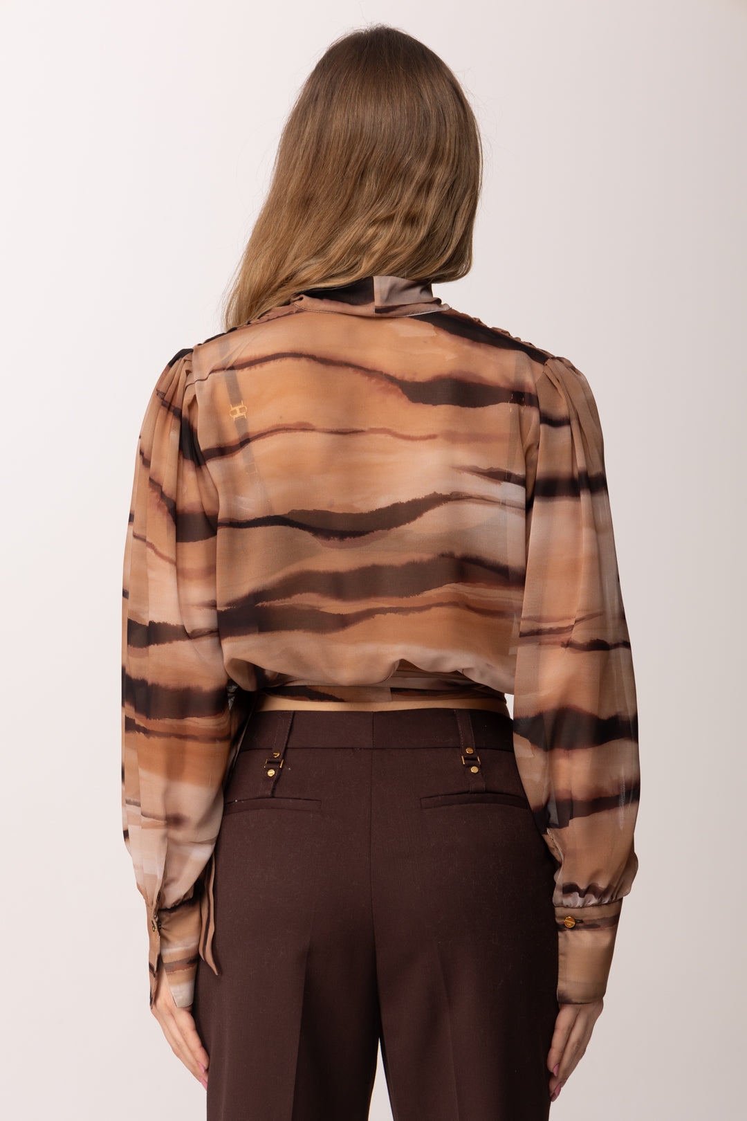 Elisabetta Franchi Blusa In Chiffon con Stampa Tigrata e Fusciacca CA16062E2 CAMMELLO